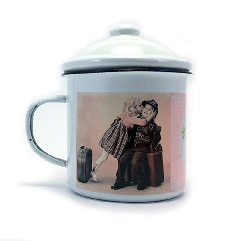 Taza vintage metálica personalizada con fotos con tapa - Imagen 2